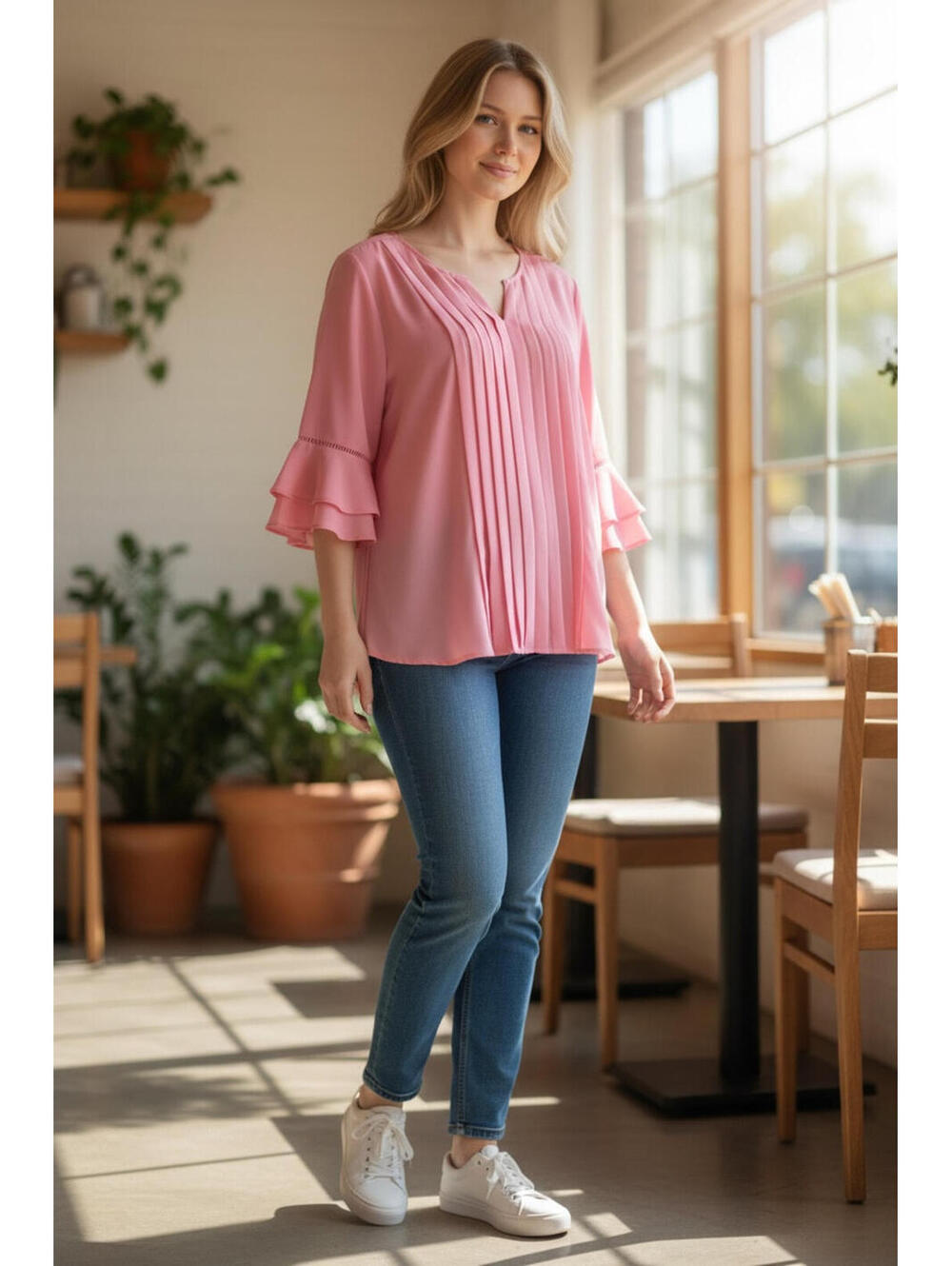 Roz & Ali Blouse Womens 1X Pink Pleated Front Tiered Ruffle Sleeve Top Chiffon